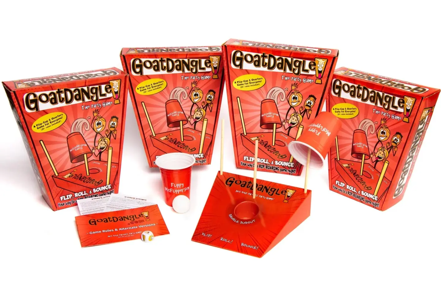 Red Goatdangle game boxes and components displayed.