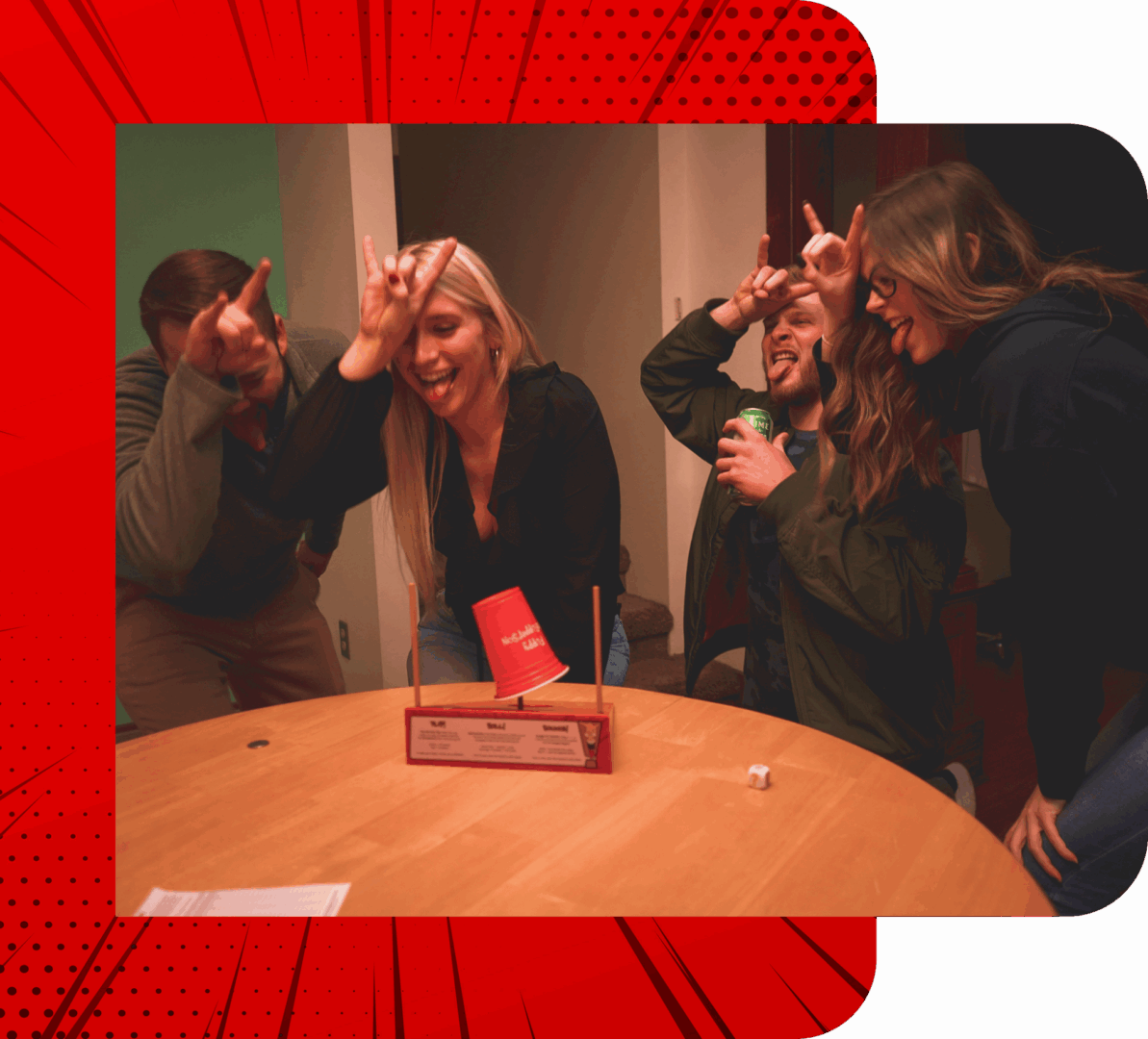 Group playing a game, making hand gestures.