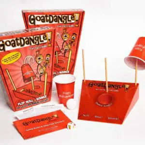 Goatdangle party game with cups and sticks.