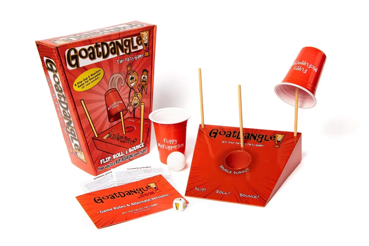 Goatdangle game set with cup and sticks.